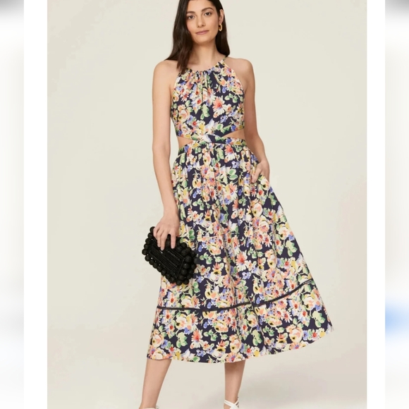 Something Navy Floral Midi Dress Cut Out XS - Picture 2 of 7